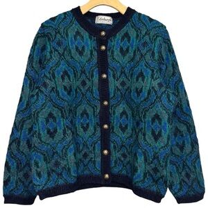 Edinburgh Vintage Size M Blue Black Fair Isle Knit Mohair Blend Cardigan Sweater